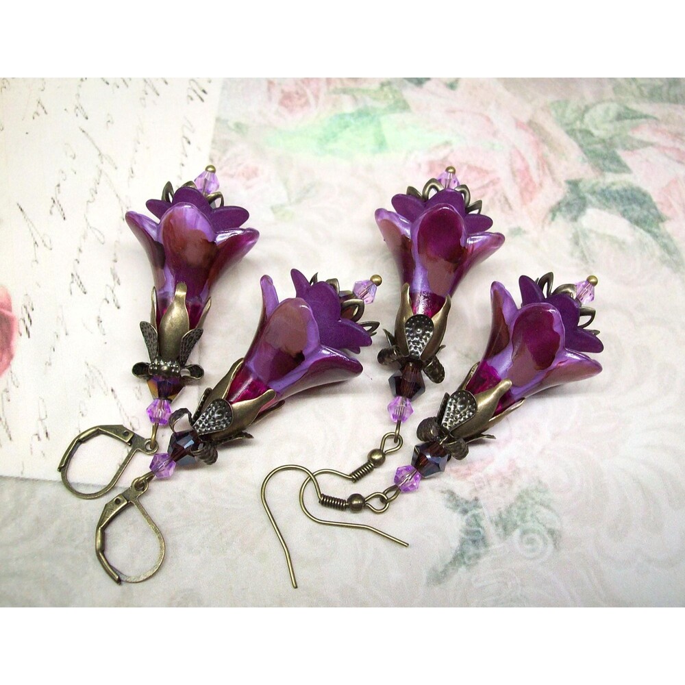 Boho Flower Earrings Dangle, Antique Bronze, Hand Painted, Artisan Crafted Jewel
